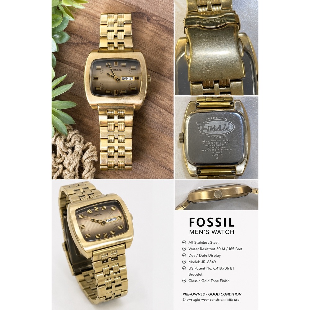 Fossil Mens Watch Gold Tone Stainless Steel Day Date Brown Dial JR-8849 Vintage